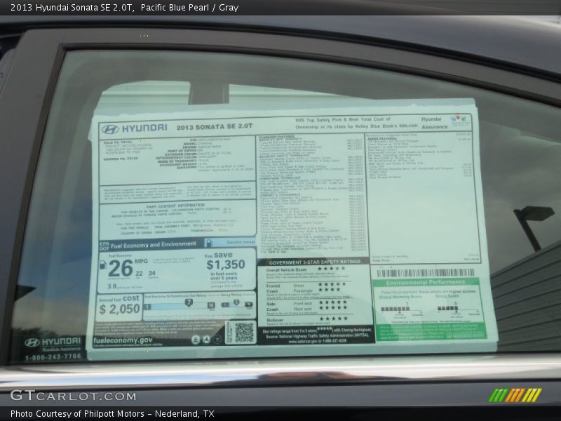 Pacific Blue Pearl / Gray 2013 Hyundai Sonata SE 2.0T