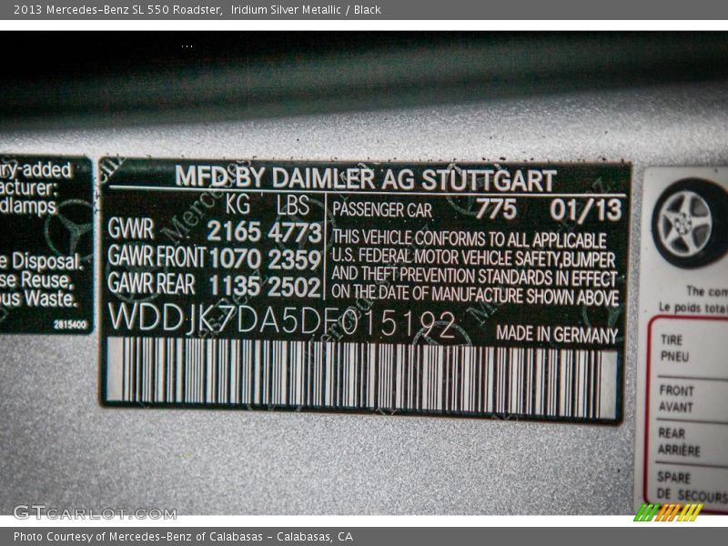 Iridium Silver Metallic / Black 2013 Mercedes-Benz SL 550 Roadster