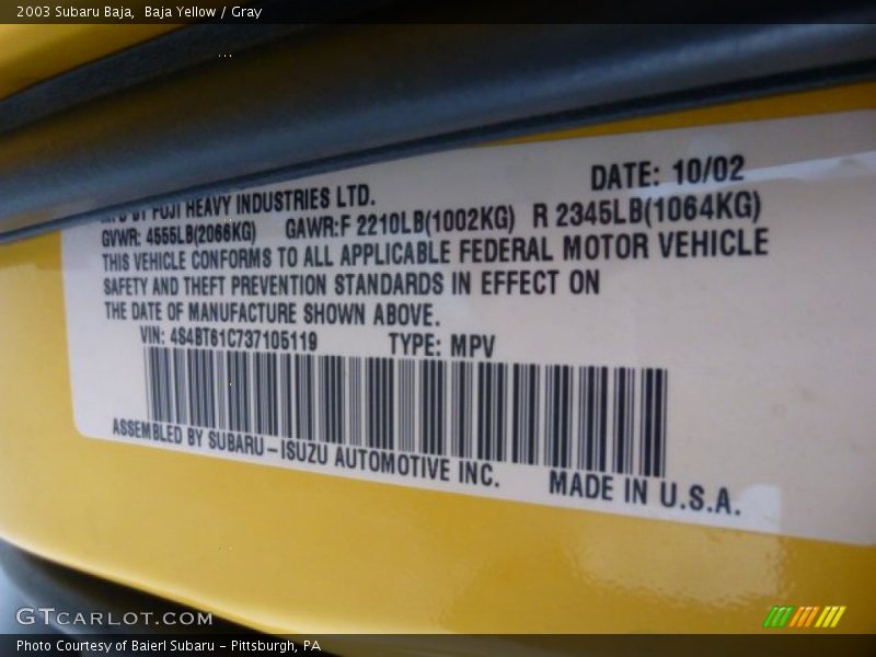 Baja Yellow / Gray 2003 Subaru Baja