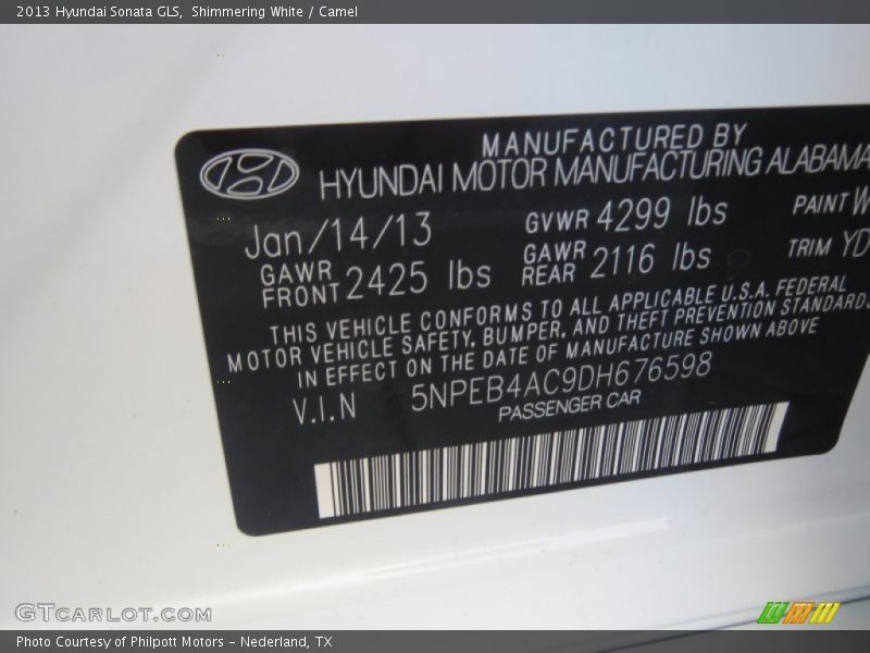Shimmering White / Camel 2013 Hyundai Sonata GLS