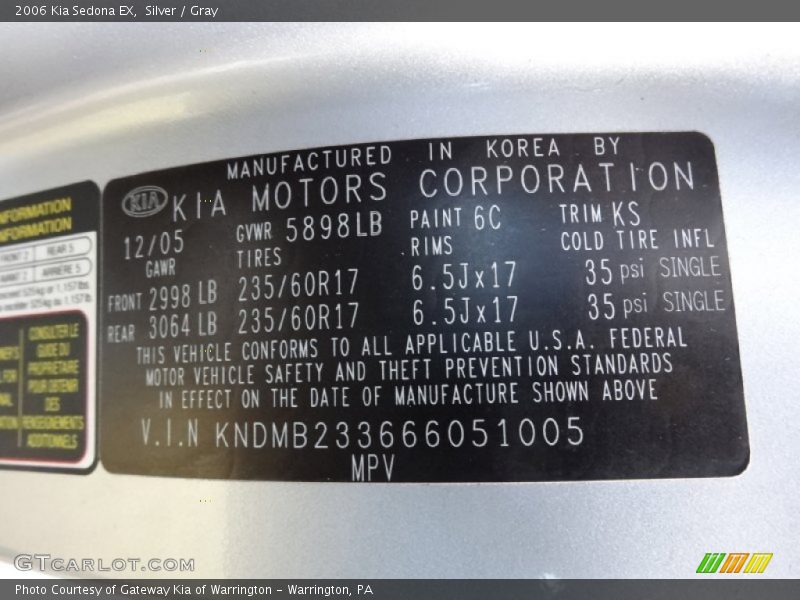 2006 Sedona EX Silver Color Code 6C