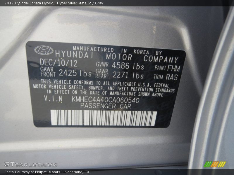 Hyper Silver Metallic / Gray 2012 Hyundai Sonata Hybrid