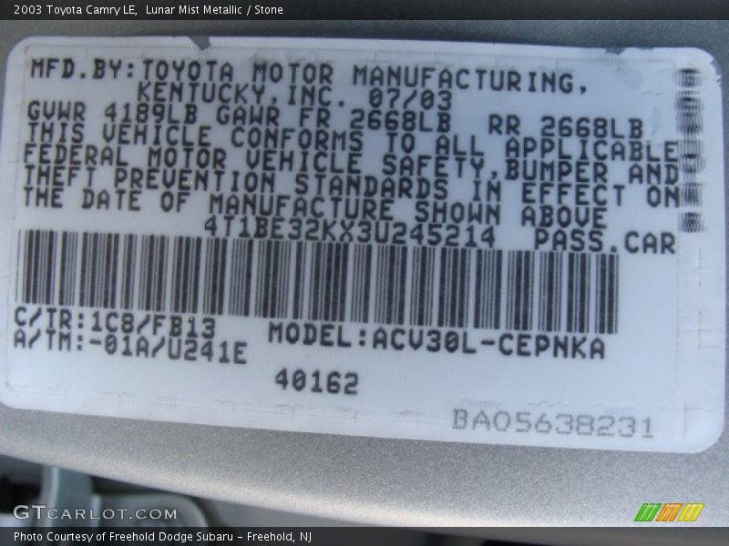 2003 Camry LE Lunar Mist Metallic Color Code 1C8