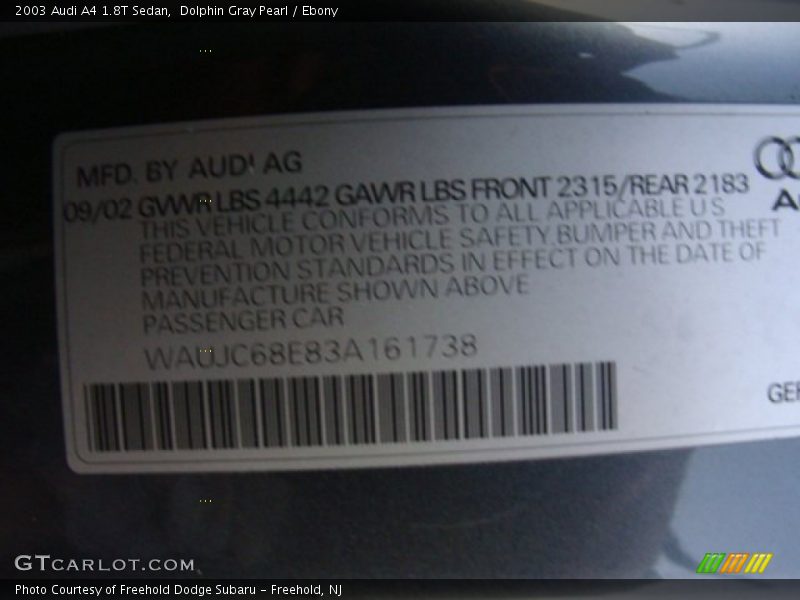 Dolphin Gray Pearl / Ebony 2003 Audi A4 1.8T Sedan