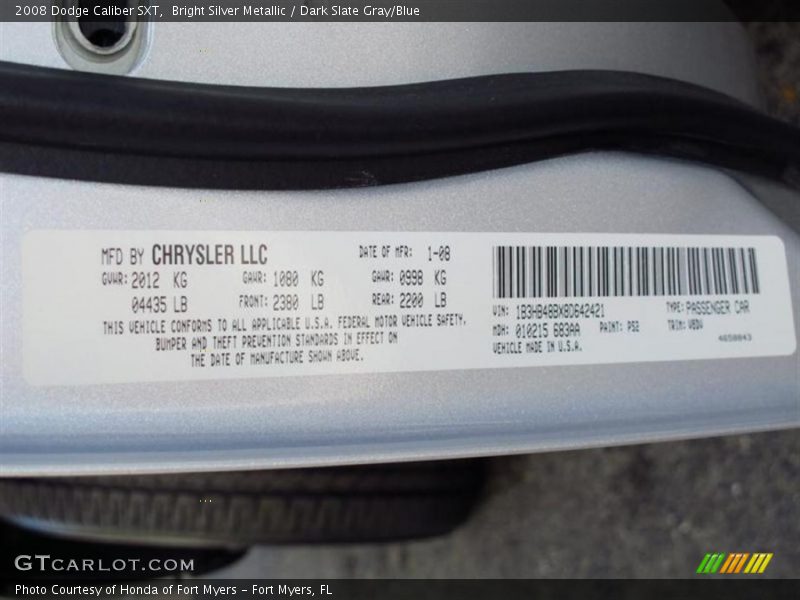 Bright Silver Metallic / Dark Slate Gray/Blue 2008 Dodge Caliber SXT