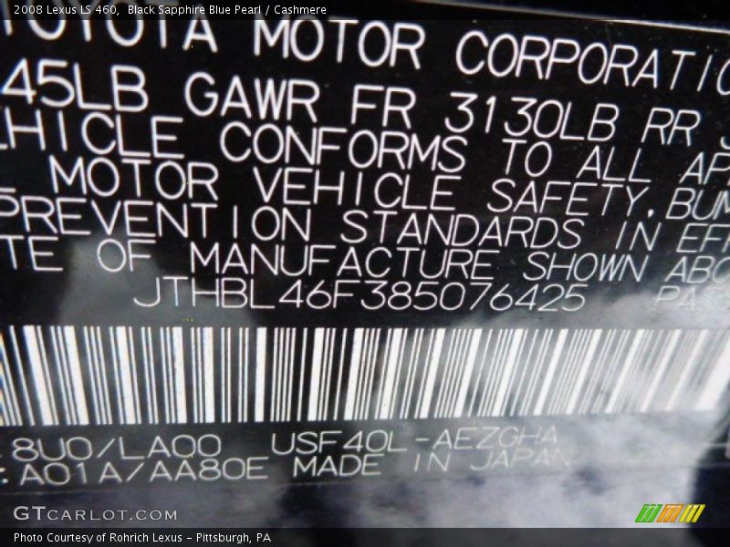 2008 LS 460 Black Sapphire Blue Pearl Color Code 8U0