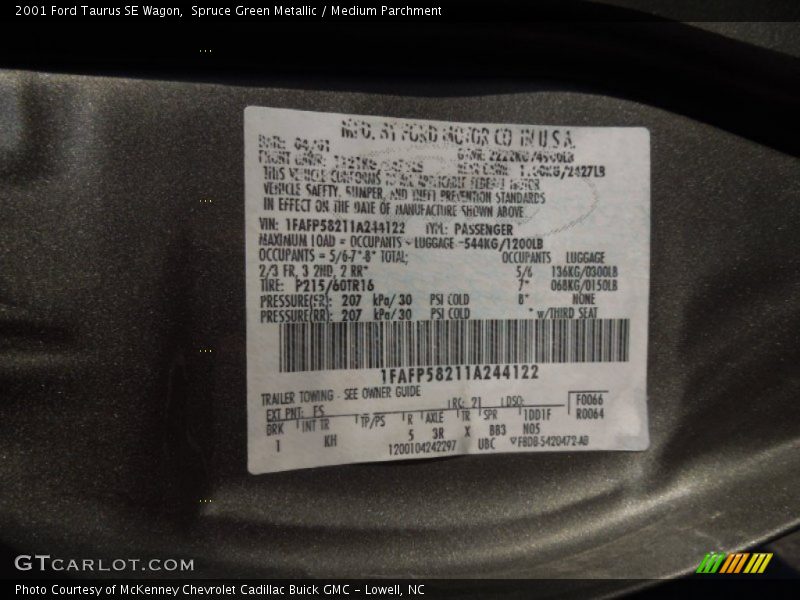 2001 Taurus SE Wagon Spruce Green Metallic Color Code FS