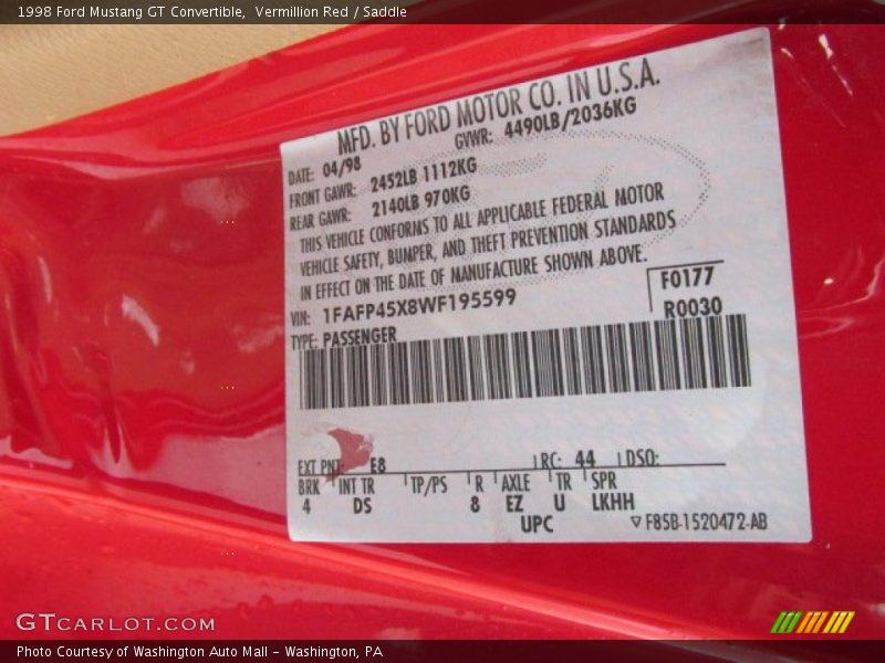 1998 Mustang GT Convertible Vermillion Red Color Code E8