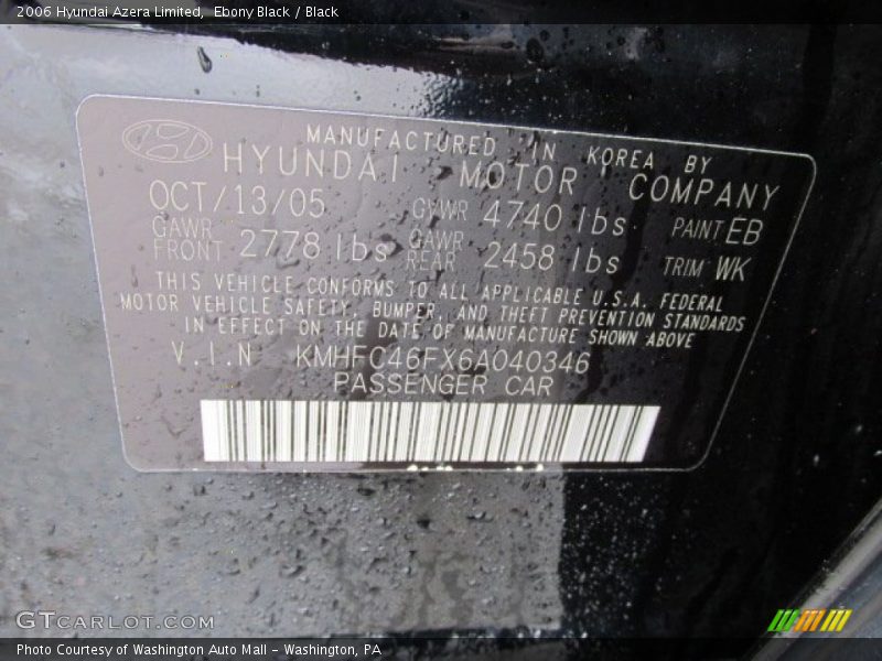 Ebony Black / Black 2006 Hyundai Azera Limited