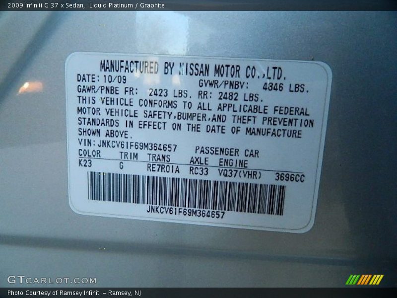 Liquid Platinum / Graphite 2009 Infiniti G 37 x Sedan