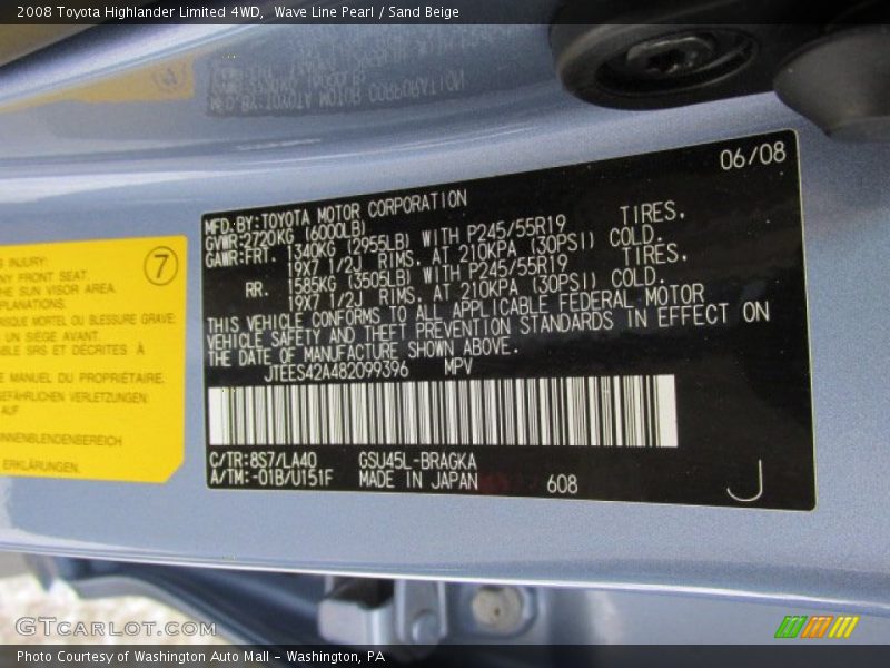 2008 Highlander Limited 4WD Wave Line Pearl Color Code 8S7