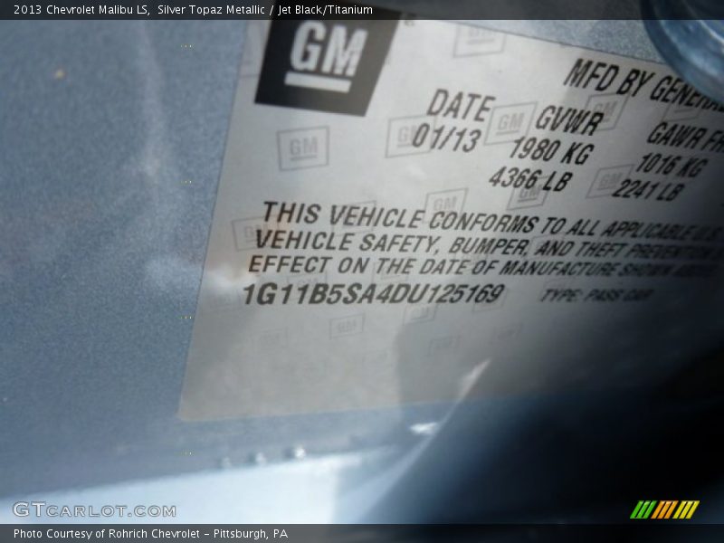 Silver Topaz Metallic / Jet Black/Titanium 2013 Chevrolet Malibu LS