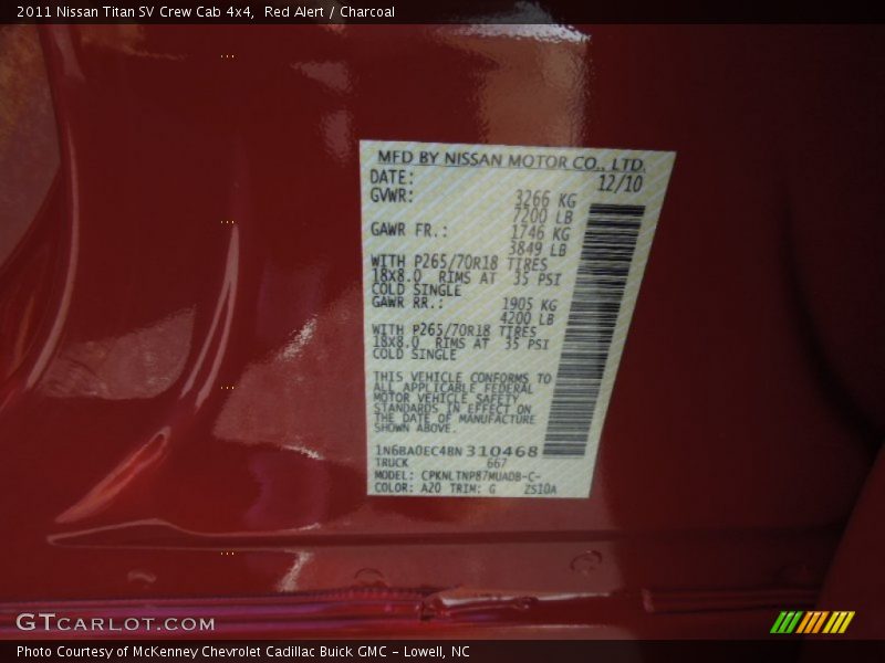 2011 Titan SV Crew Cab 4x4 Red Alert Color Code A20