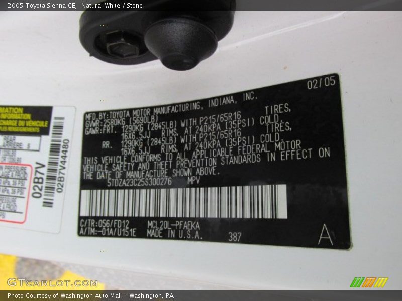 2005 Sienna CE Natural White Color Code 056