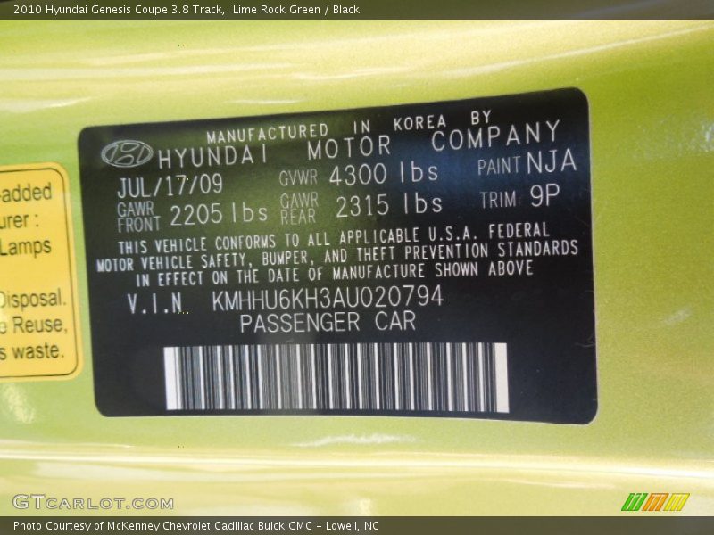 2010 Genesis Coupe 3.8 Track Lime Rock Green Color Code NJA