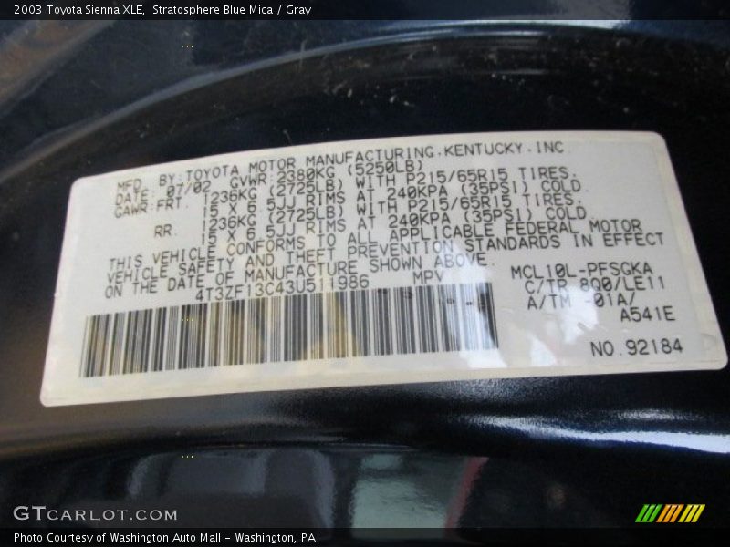 2003 Sienna XLE Stratosphere Blue Mica Color Code 8Q0