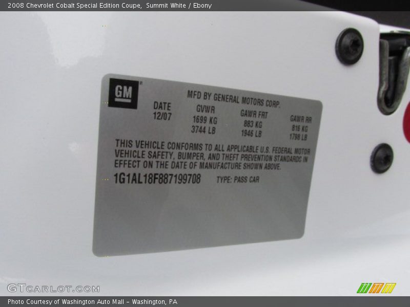 Summit White / Ebony 2008 Chevrolet Cobalt Special Edition Coupe