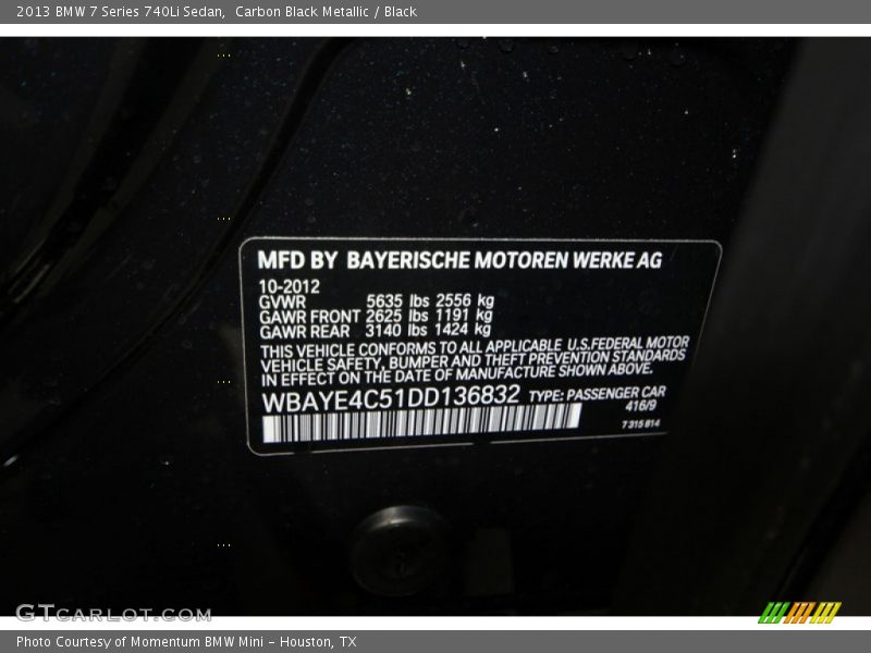 2013 7 Series 740Li Sedan Carbon Black Metallic Color Code 416