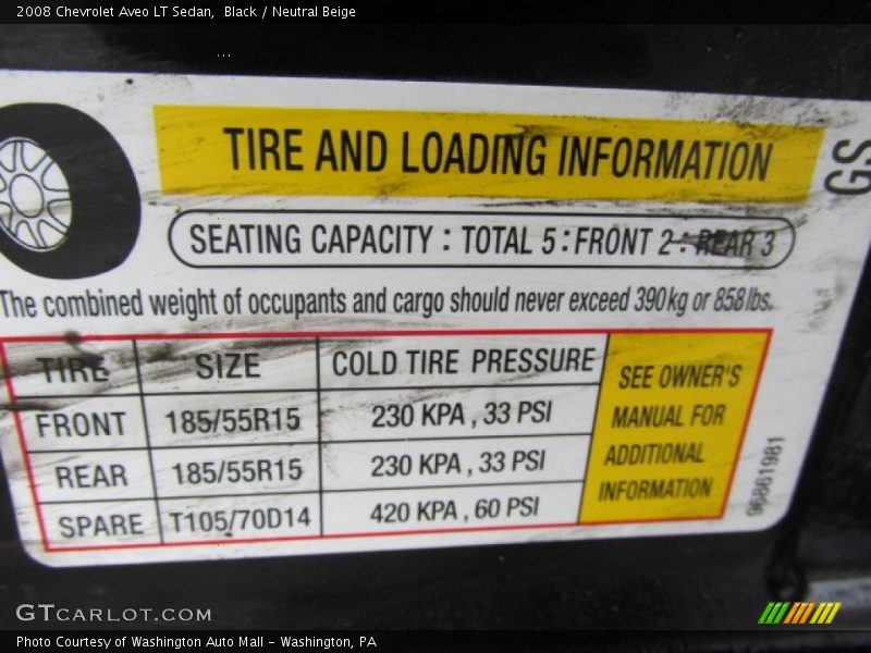 Info Tag of 2008 Aveo LT Sedan