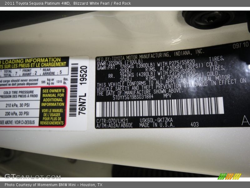2011 Sequoia Platinum 4WD Blizzard White Pearl Color Code 070
