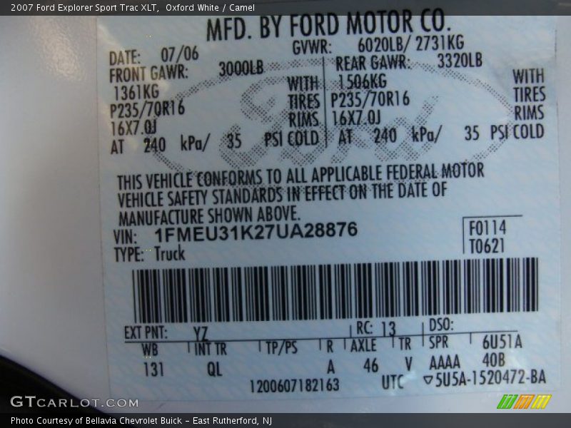 2007 Explorer Sport Trac XLT Oxford White Color Code YZ