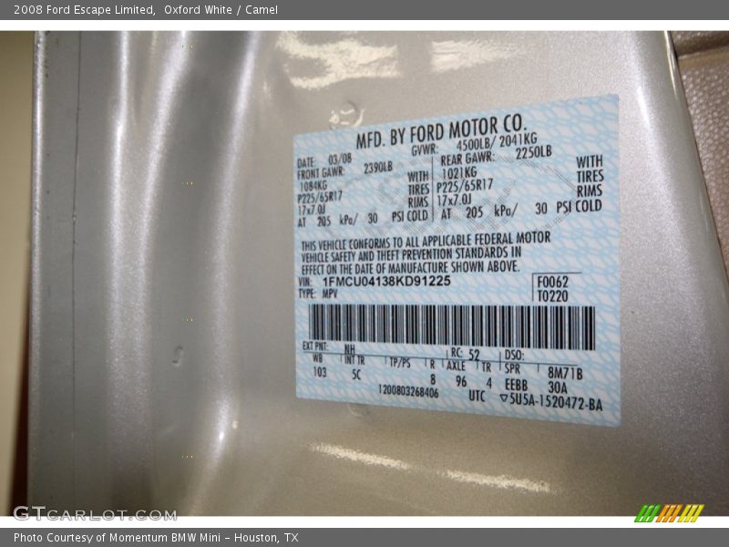 Oxford White / Camel 2008 Ford Escape Limited
