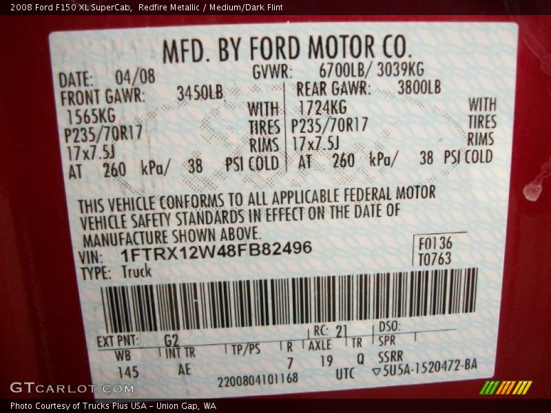 2008 F150 XL SuperCab Redfire Metallic Color Code G2