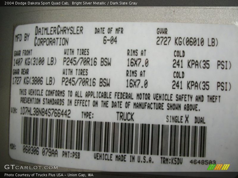 2004 Dakota Sport Quad Cab Bright Silver Metallic Color Code PSB
