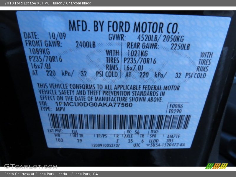 Black / Charcoal Black 2010 Ford Escape XLT V6