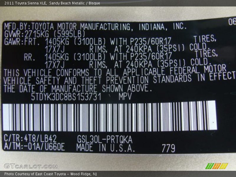 Sandy Beach Metallic / Bisque 2011 Toyota Sienna XLE