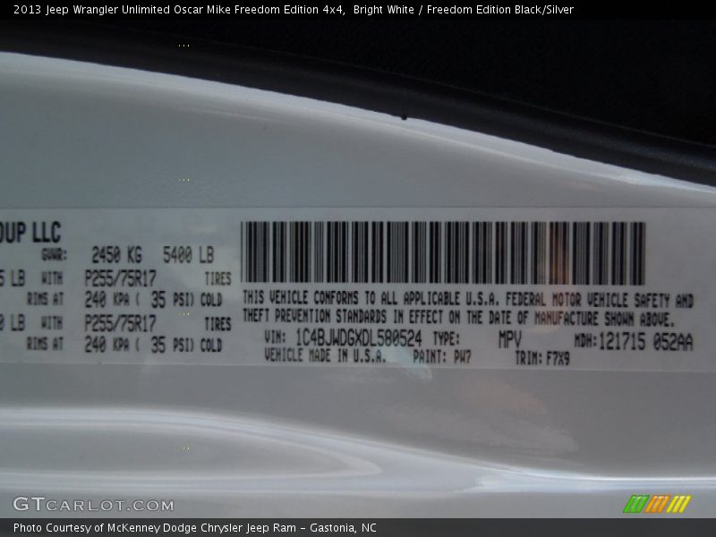 2013 Wrangler Unlimited Oscar Mike Freedom Edition 4x4 Bright White Color Code PW7