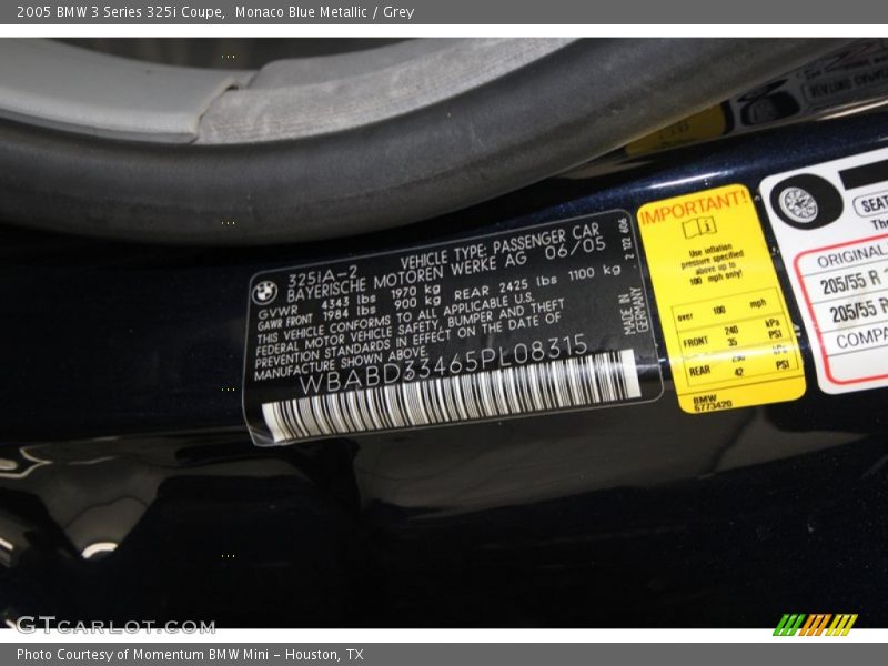 Monaco Blue Metallic / Grey 2005 BMW 3 Series 325i Coupe