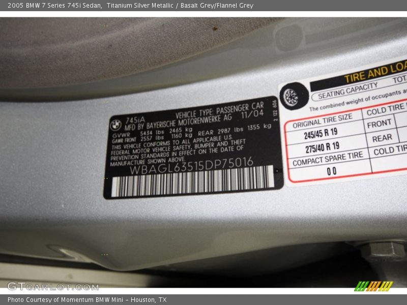 Titanium Silver Metallic / Basalt Grey/Flannel Grey 2005 BMW 7 Series 745i Sedan