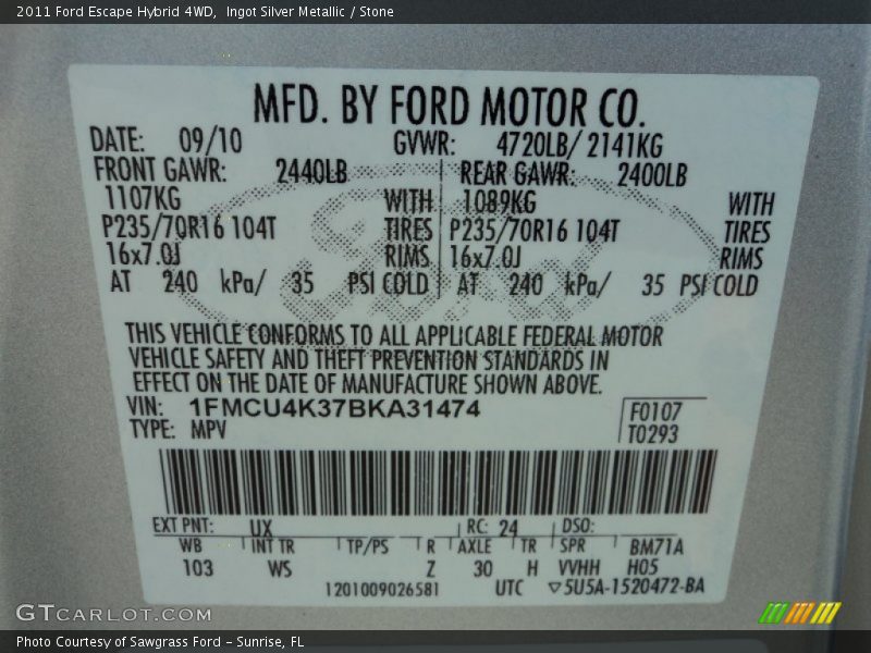 2011 Escape Hybrid 4WD Ingot Silver Metallic Color Code UX