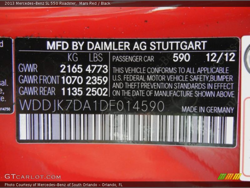 2013 SL 550 Roadster Mars Red Color Code 590
