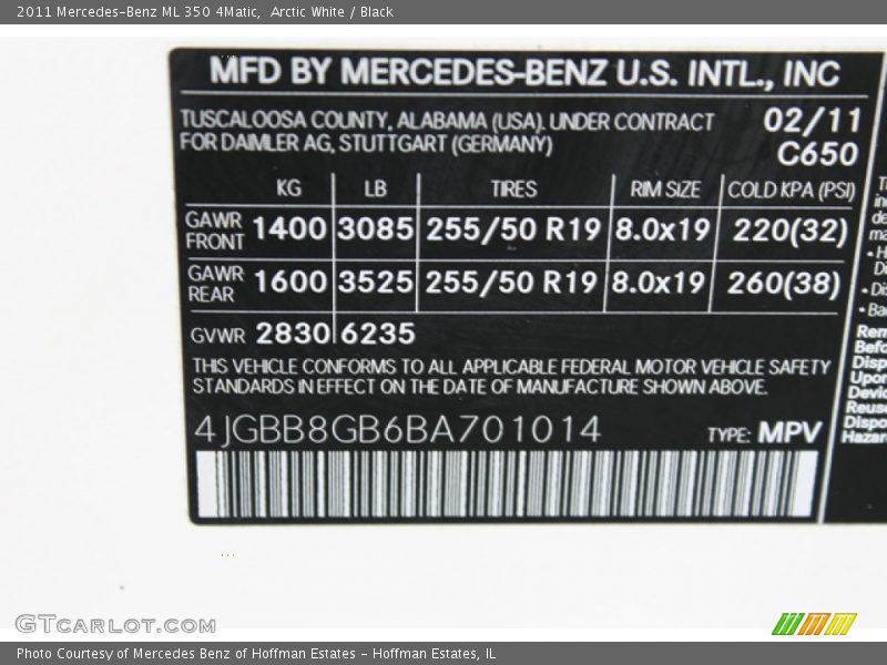 Arctic White / Black 2011 Mercedes-Benz ML 350 4Matic