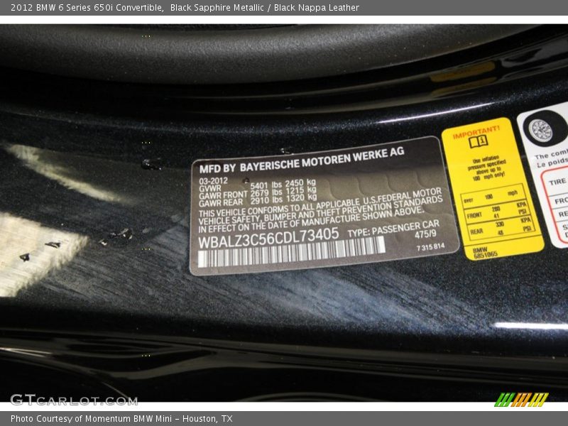 2012 6 Series 650i Convertible Black Sapphire Metallic Color Code 475