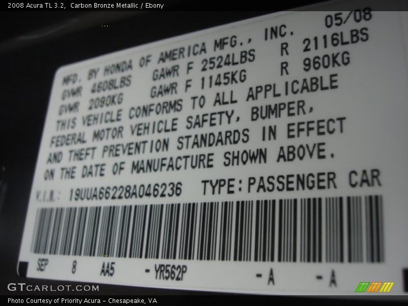 Carbon Bronze Metallic / Ebony 2008 Acura TL 3.2