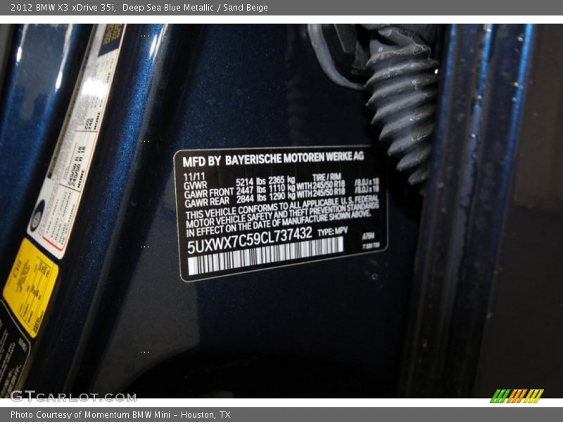2012 X3 xDrive 35i Deep Sea Blue Metallic Color Code A76