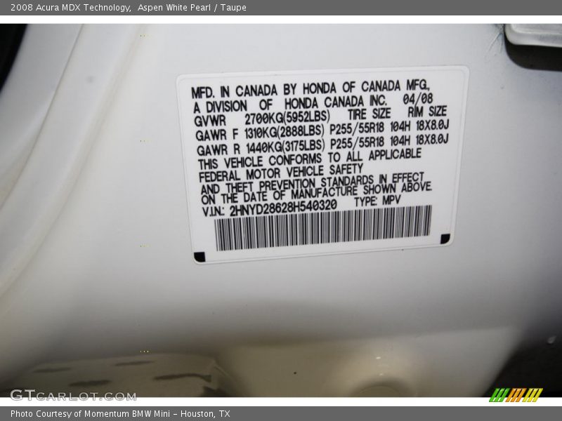 Aspen White Pearl / Taupe 2008 Acura MDX Technology