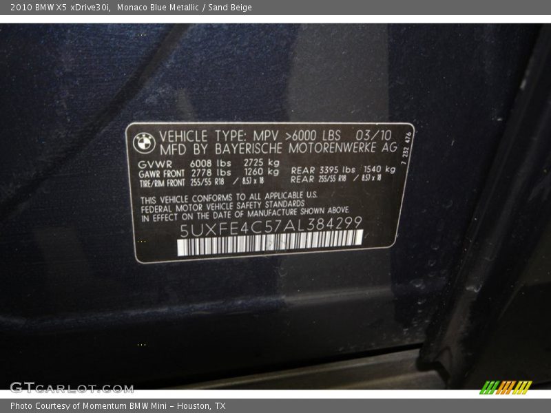 Monaco Blue Metallic / Sand Beige 2010 BMW X5 xDrive30i