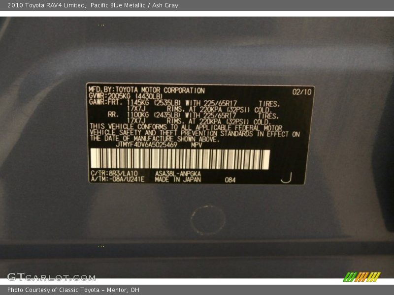 2010 RAV4 Limited Pacific Blue Metallic Color Code 8R3