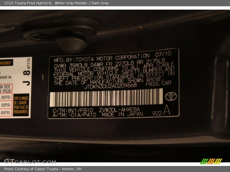 2010 Prius Hybrid III Winter Gray Metallic Color Code 8V1