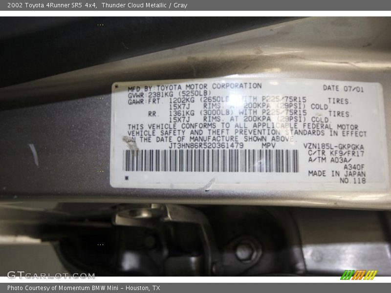 2002 4Runner SR5 4x4 Thunder Cloud Metallic Color Code KF9