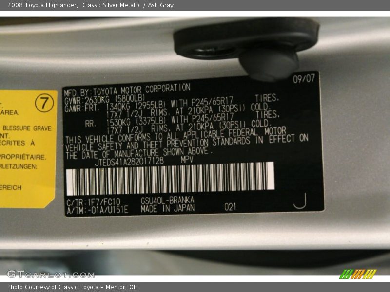 Classic Silver Metallic / Ash Gray 2008 Toyota Highlander