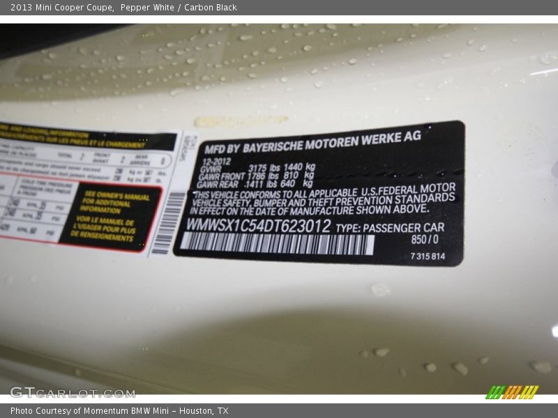 2013 Cooper Coupe Pepper White Color Code 850