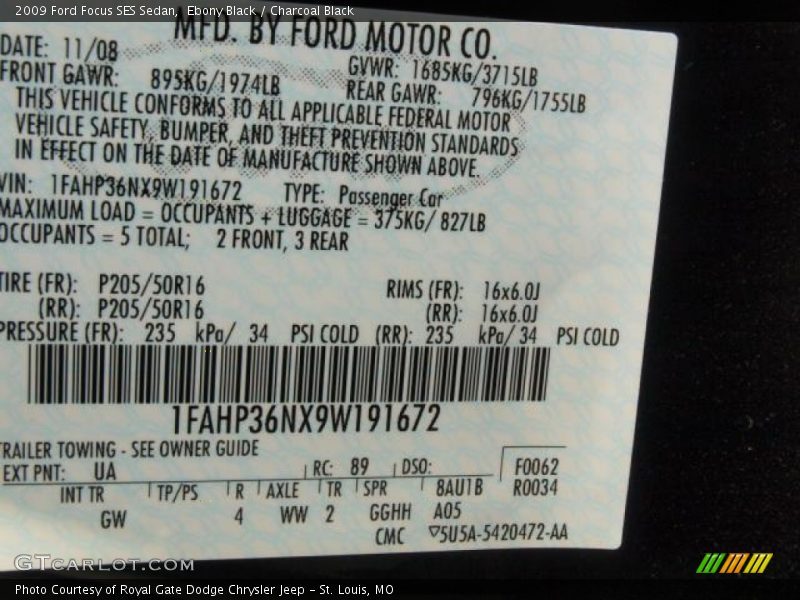 2009 Focus SES Sedan Ebony Black Color Code UA