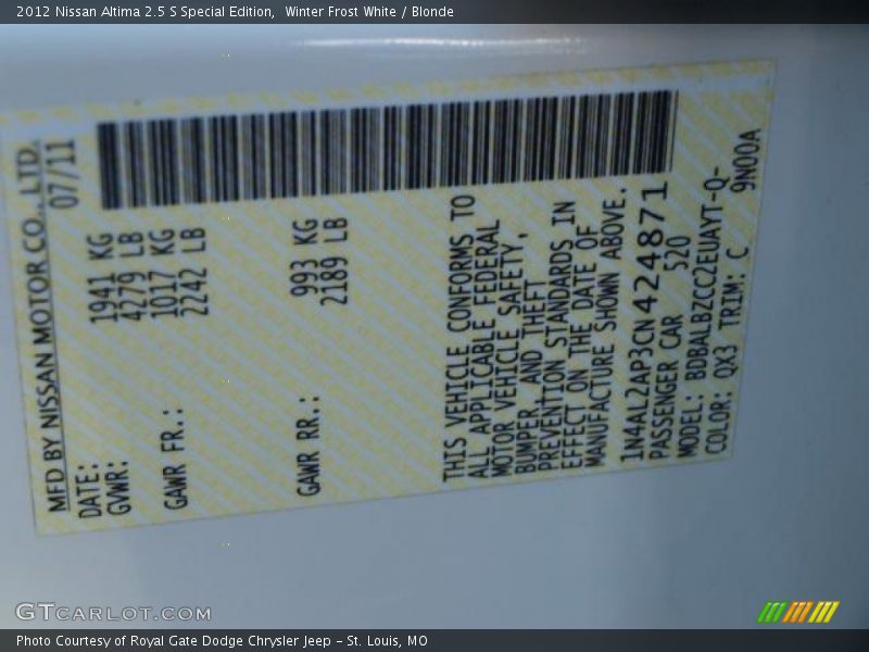Winter Frost White / Blonde 2012 Nissan Altima 2.5 S Special Edition