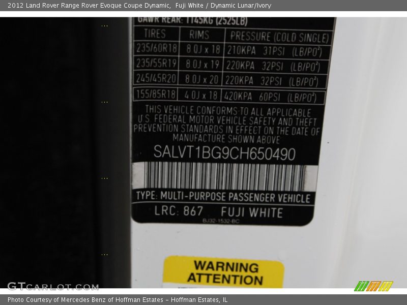 2012 Range Rover Evoque Coupe Dynamic Fuji White Color Code 867