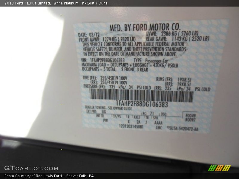 White Platinum Tri-Coat / Dune 2013 Ford Taurus Limited